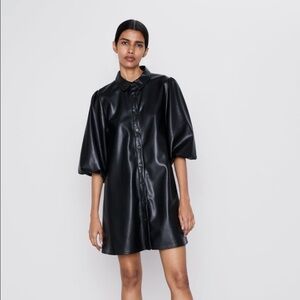 Zara Black Faux Leather Shirt Dress